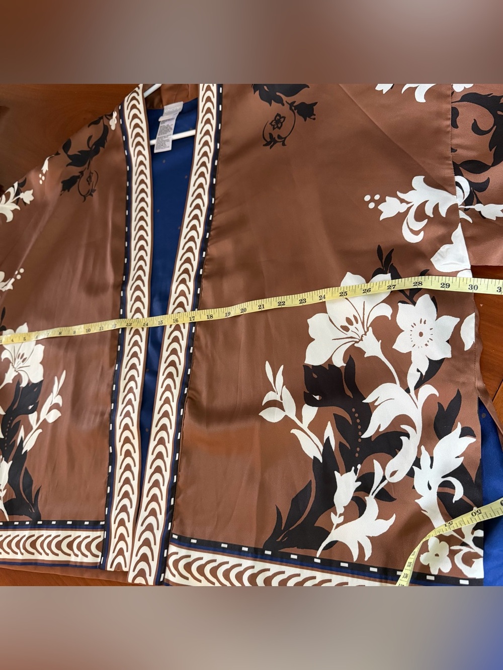 Chico's Brown Floral-Print Open Kimono with Navy Interior-Size L/XL - Picture 10 of 12